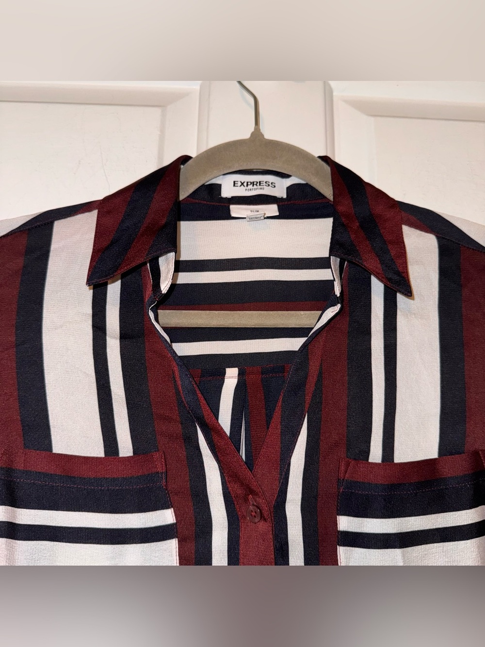Express the portofino slim Striped Button-Down Shirt Burgundy White Black XS - Picture 4 of 14